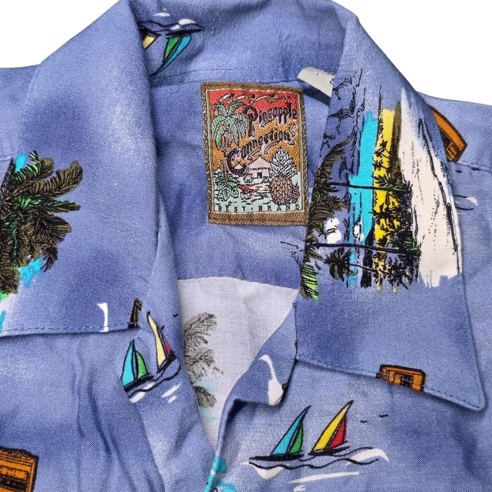 Pineapple Connection Hawaiian Shirt Mens Small Blue Rayon Beach Scene Vintage - Picture 4 of 7